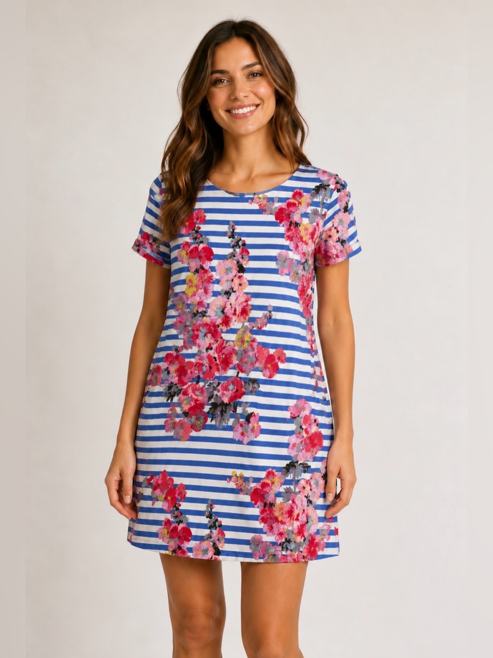Joules Ottie Blue and White Stripe Dress with Pink Floral Detail
